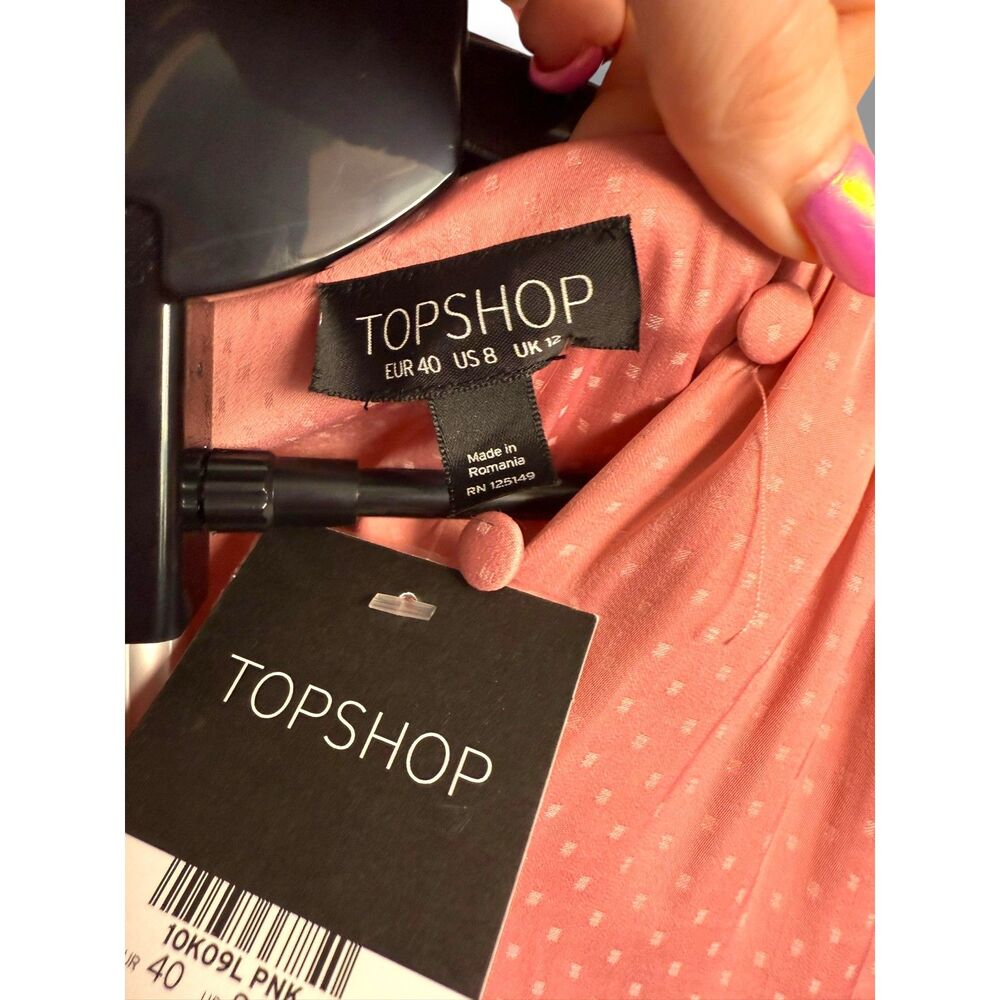 Topshop Blush Pink Jacquard Polka Dot Shirt Dress Button Up Women's Size 8 NWT - Picture 5 of 6